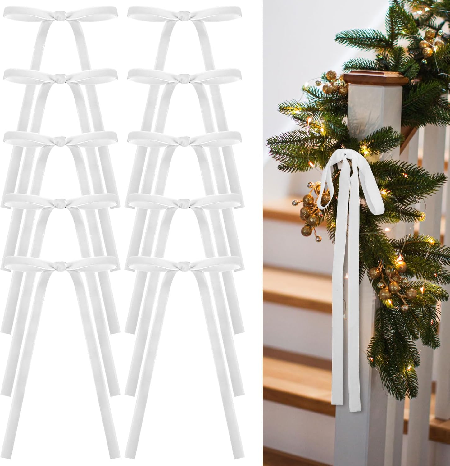 Skiennix 24 Pcs Velvet Bows - Vintage Ribbon Bows for Christmas Tree & Crafts | White, 9 x 13 Inch