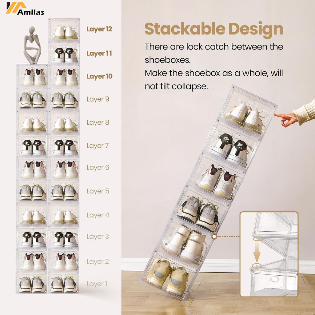 Amllas Clear Shoe Storage Boxes - Stackable & Sturdy Containers for Closet | Fits Up to US Size 12 (13.8”x 9.84”x 7.1”)