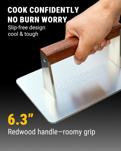 Manucode Stainless Steel Bacon Press - 3.2 LB Heavy Cooking Weight, Ideal for Flat Top Grill - Griddle Accessories for Searing Smash Burger, Steak, Sandwich - 9.25 x 5.7 Inches, Flat Bottom, Rectangle