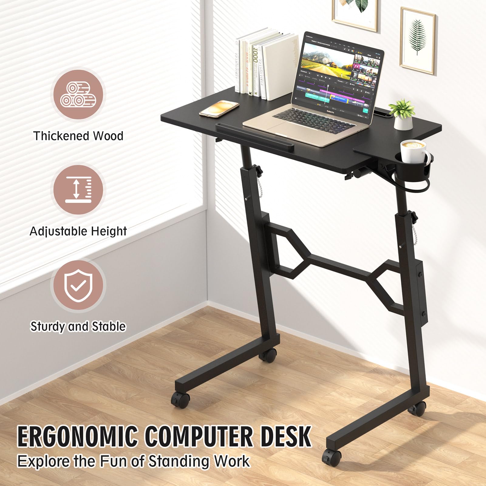 Enayplon Small Standing Desk with Wheels, Portable Treadmill Desk, Rolling Desk Adjustable Height for Laptop, Mobile Standing Table for Walking Pad, Bedside Table