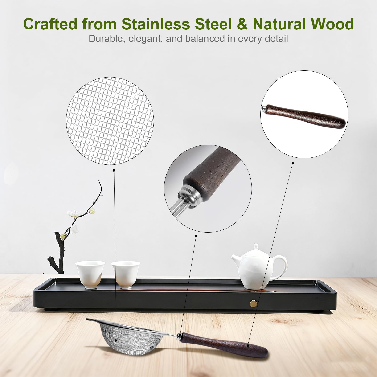 Suhfuib Matcha Sifter - Precision 30-Mesh Stainless Steel Fine Powder Strainer, Wooden Handle, 3-Inch Small Metal Sieve for Tea Ceremony & Cocoa, Hand Wash Recommended