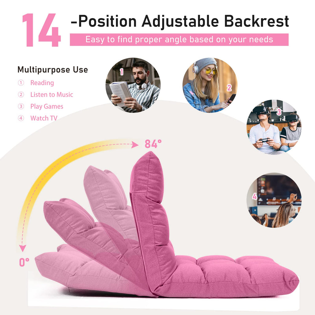 COSTWAY Floor Chair, Folding Gaming Chair with Back Support, 14 Adjustable Positions, Alloy Steel Frame, Lazy Sofa Lounge for Playing Reading Meditating Room Recliner for Adults, Kids (Pink)