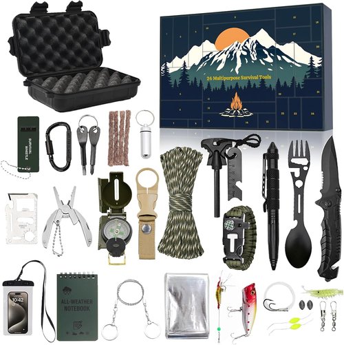 Advent Calendar 2025 Survival Kit for Men - 24-Day Christmas Countdown with Essential Camping Gear