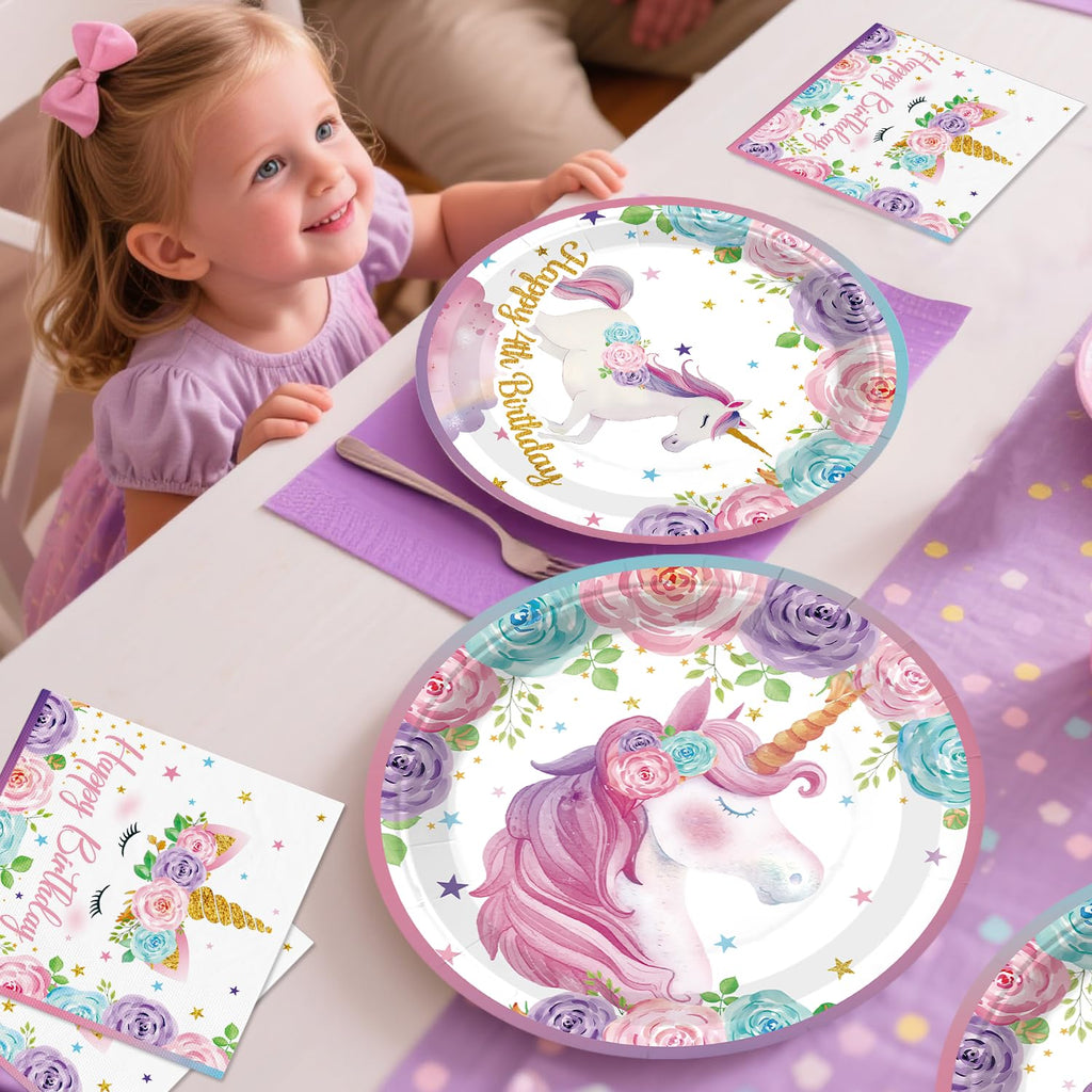 Xynic 181Pcs Unicorn 4th Birthday Decorations, Four Ever Magical Birthday Decorations Tableware Set with Plates and Napkins Serves 25, 2 Tablecloths for Unicorn Decorations