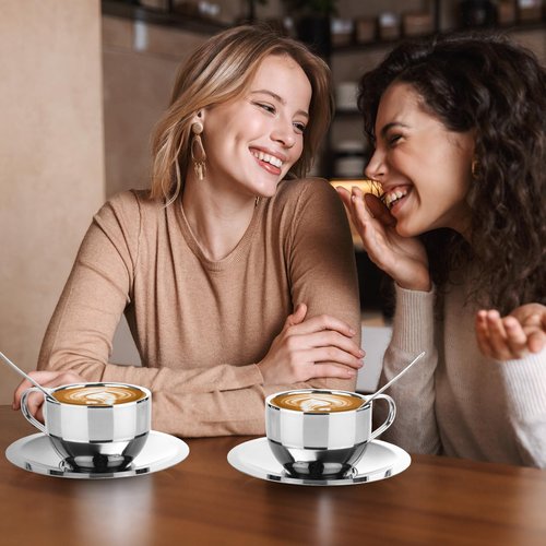 Acellegic 6 Pack Stainless Steel Coffee Cups Set, 6oz Insulated Espresso Cups with Spoon and Saucer, Double Walled Coffee Mugs for Latte, Tea, Milk, Cappuccino