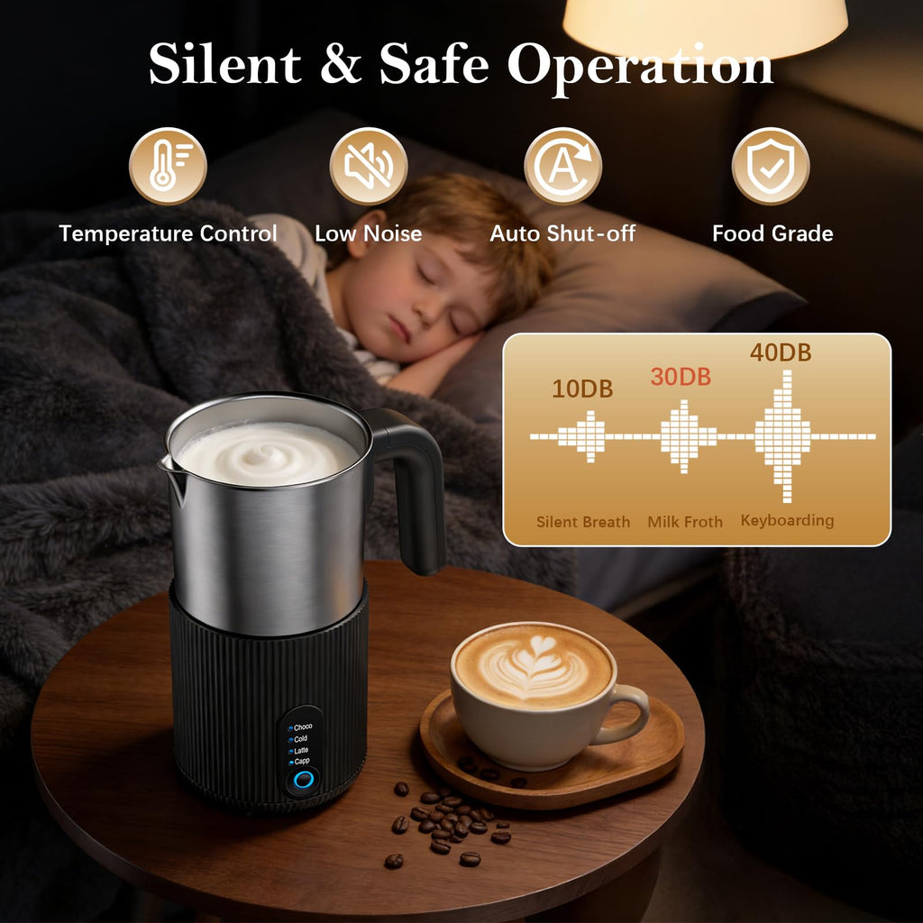 Electric Milk Frother and Steamer, 4-in-1 Instant Milk Steamer for Coffee, Latte, Cappuccino, Hot Chocolate, Automatic Hot & Cold Milk Foamer, Stainless Steel Detachable Cup, Quiet, Dishwasher Safe