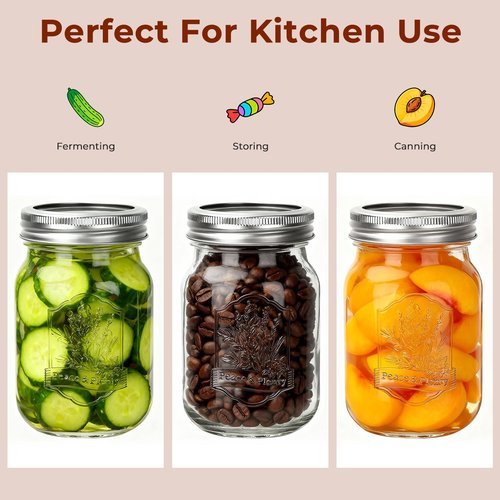 CycleMore 16oz Mason Jars, 15 Pack Embossed Glass Canning Jars with Lids and Bands, Overnight Oats Containers for Canning, Pickling, Food Storage, DIY Projects