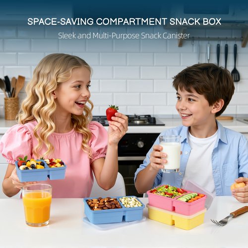 3 Pack Silicone Snack Containers with Lids, 12 oz Double Compartment Reusable Snack Bento Box for Kids , Leakproof Food Storage Boxes for Sauce, Fruit, Snacks, School, Office, Picnic, Easy to Clean