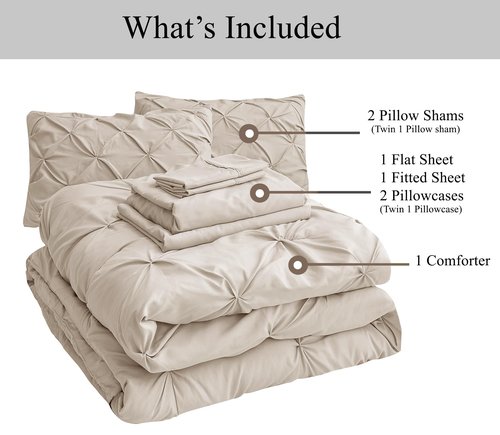 Queen Size Comforter Set - 7 Piece HotelQuality, Queen Bed in a Bag Comforter - Premium Soft-Touch Microfiber - Pintuck-Stitch Bedding Collection - All-Season Bed Set with Easy Care Comforters - Beige