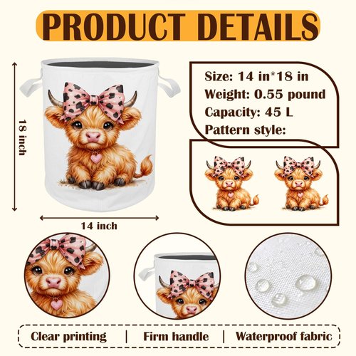Cilrii Pink Bow Highland Cow Laundry Basket Hamper, Toybox for Girls, Western Cow Waterproof Collapsible Storage Bin Organizer for Bedroom Bathroom Kids Girls Room Dorm Clothes Toys Books