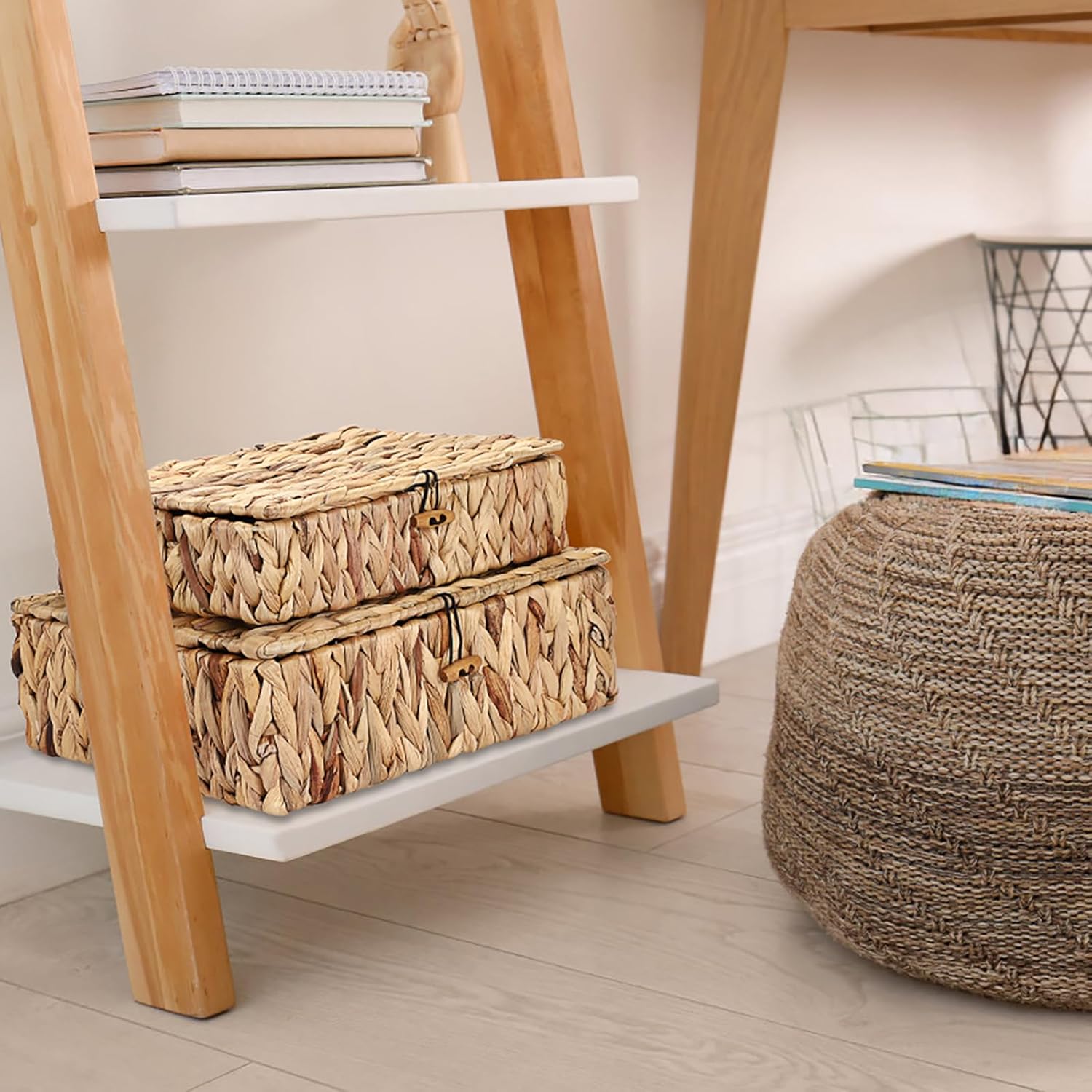 Natural Water Hyacinth Baskets by [Brand Name] - Set of 2 Handwoven Storage Bins with Lids for Home Organization
