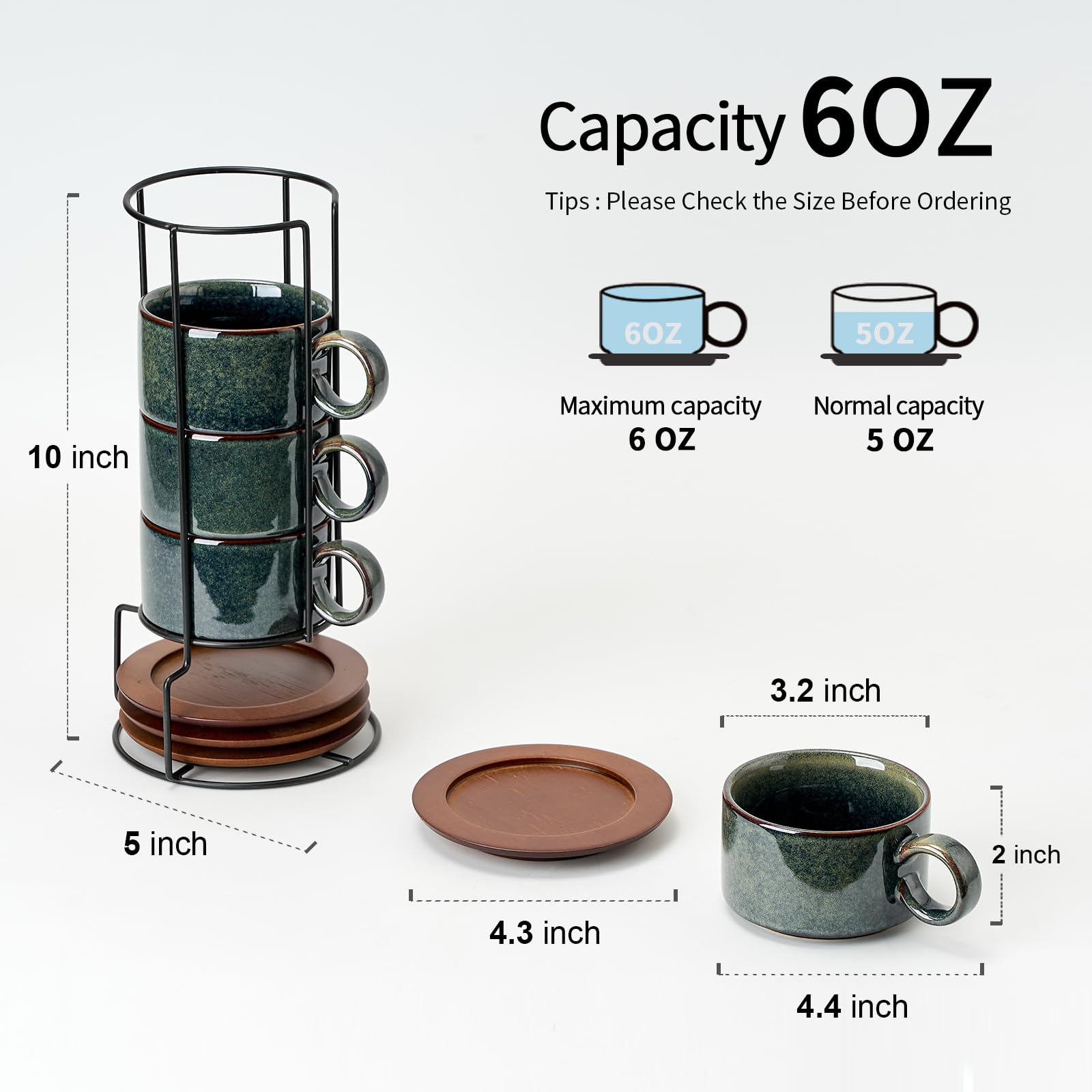 LUKA 6 Ounce Porcelain Stackable Espresso Cups with Saucers and Metal Stand Set of 4, Ceramic Cappuccino Cups Set for Specialty Coffee Drinks, Latte, Cafe Mocha and Tea, Kiln Tide Glaze