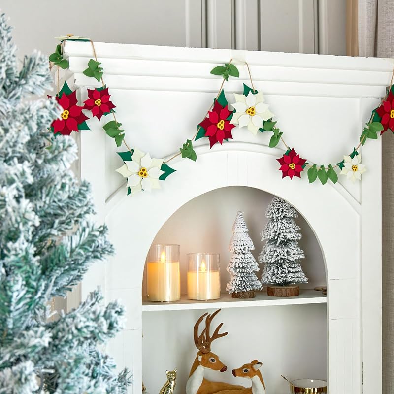 11.5 ft Poinsettia Felt Garland – Red Poinsettia Christmas Garlands for Mantel & Staircase