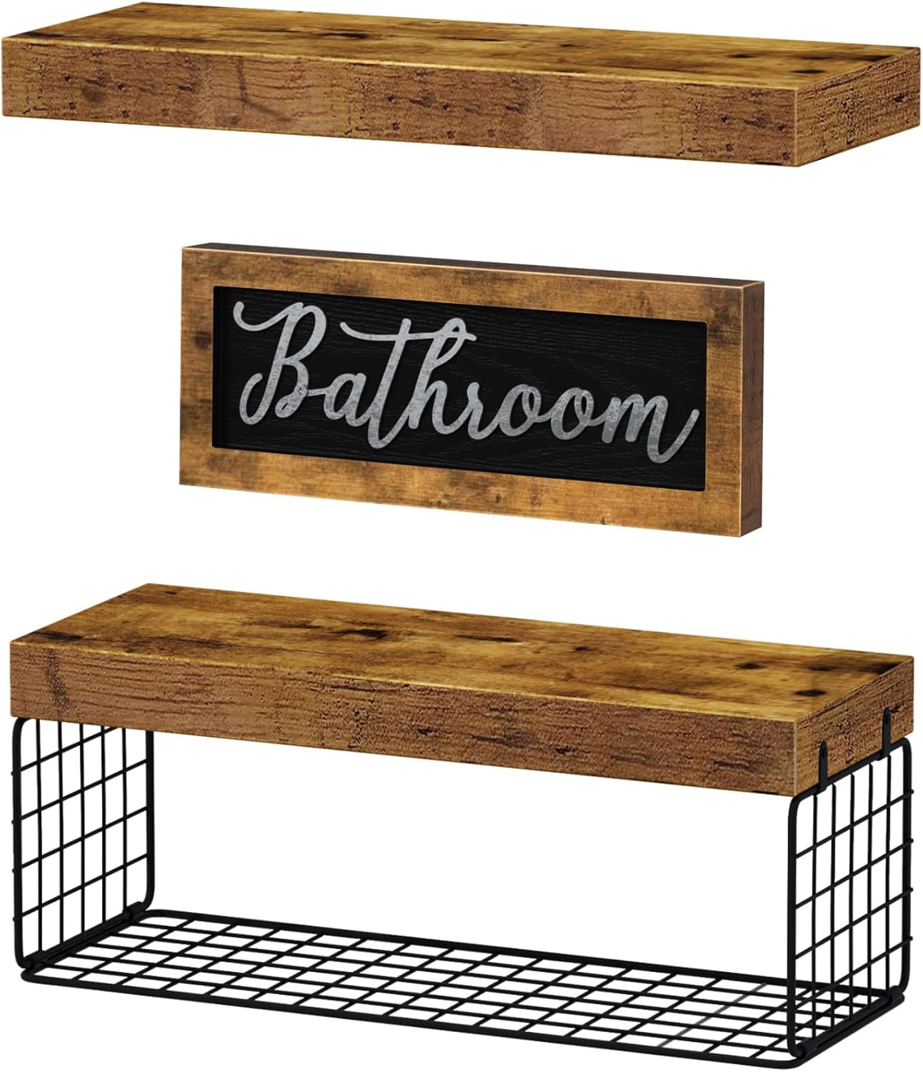 QEEIG Bathroom Shelves Over Toilet - Rustic Brown Floating Shelf Set for Farmhouse Decor | 16 Inch 2+1 Design