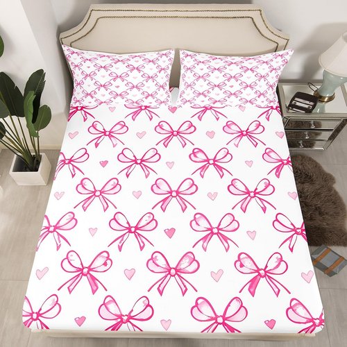 Pink Bow Girlish Kids Sheet Queen Size,Bowknot Love Heart Hand Paint Cute Bedding Set,Girls Women Room Decor,Princess Style Bow Tie Girly Romantic Bed Sheet Set 4pcs(Fitted + Flat + 2 Pillowcases)