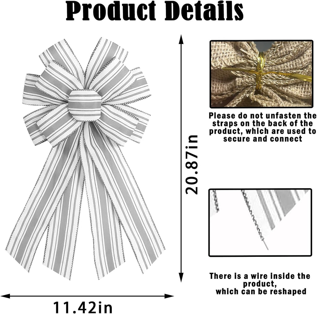 Regine Switzerland Grey & White Stripes Wreath Bow - Elegant Birthday & Anniversary Decor | Farmhouse Style
