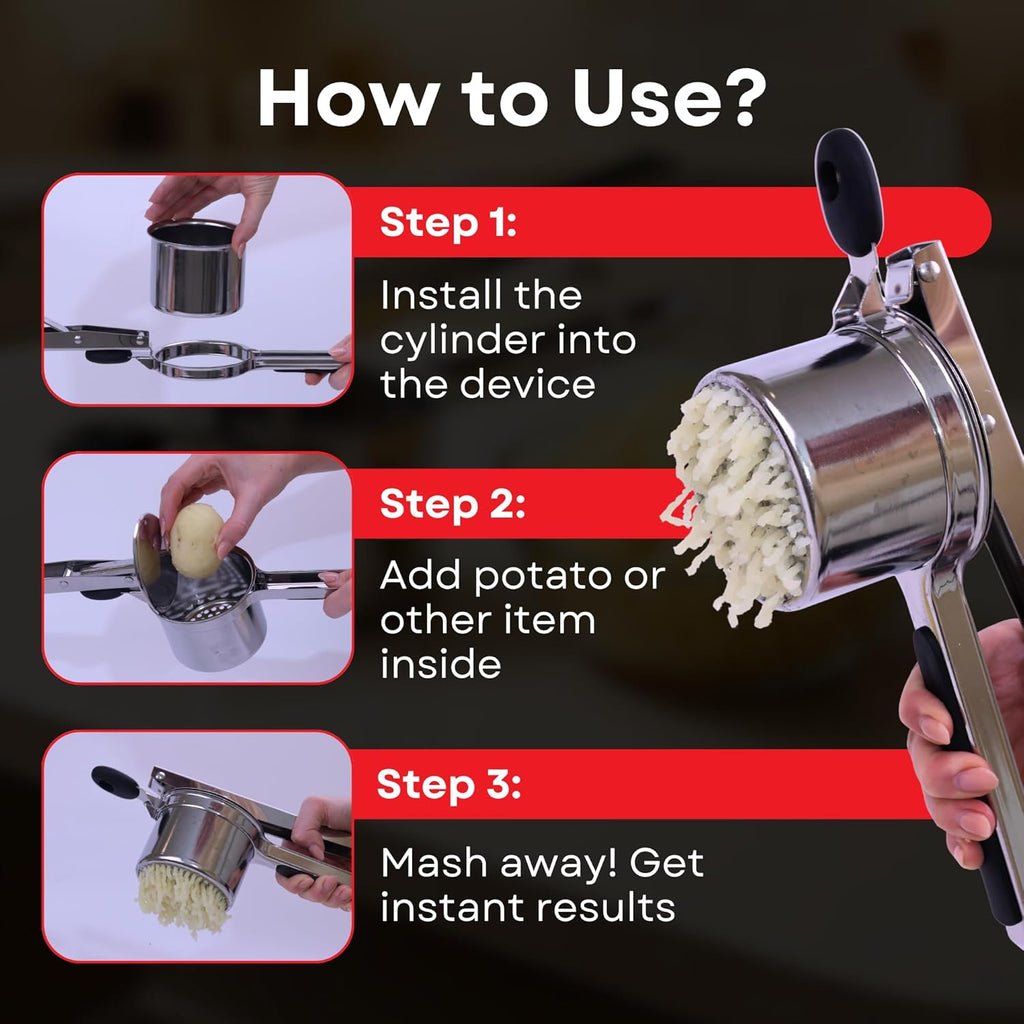 Professional 430 Stainless Steel Potato Ricer - Large 15oz Masher for Fluffy Potatoes, Gnocchi & Baby Food - Ergonomic Non-Slip Handles