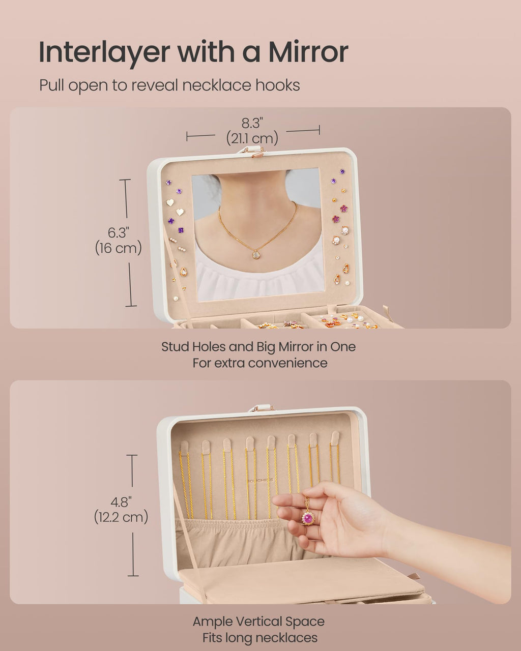 SONGMICS Jewelry Box Organizer with Mirror, 2-Layer Jewelry Holder Case, Removable Tray, 6.9 x 8.7 x 4.3 Inches, Earring Necklace Storage, Gift Idea, Cloud White UJBC200W01