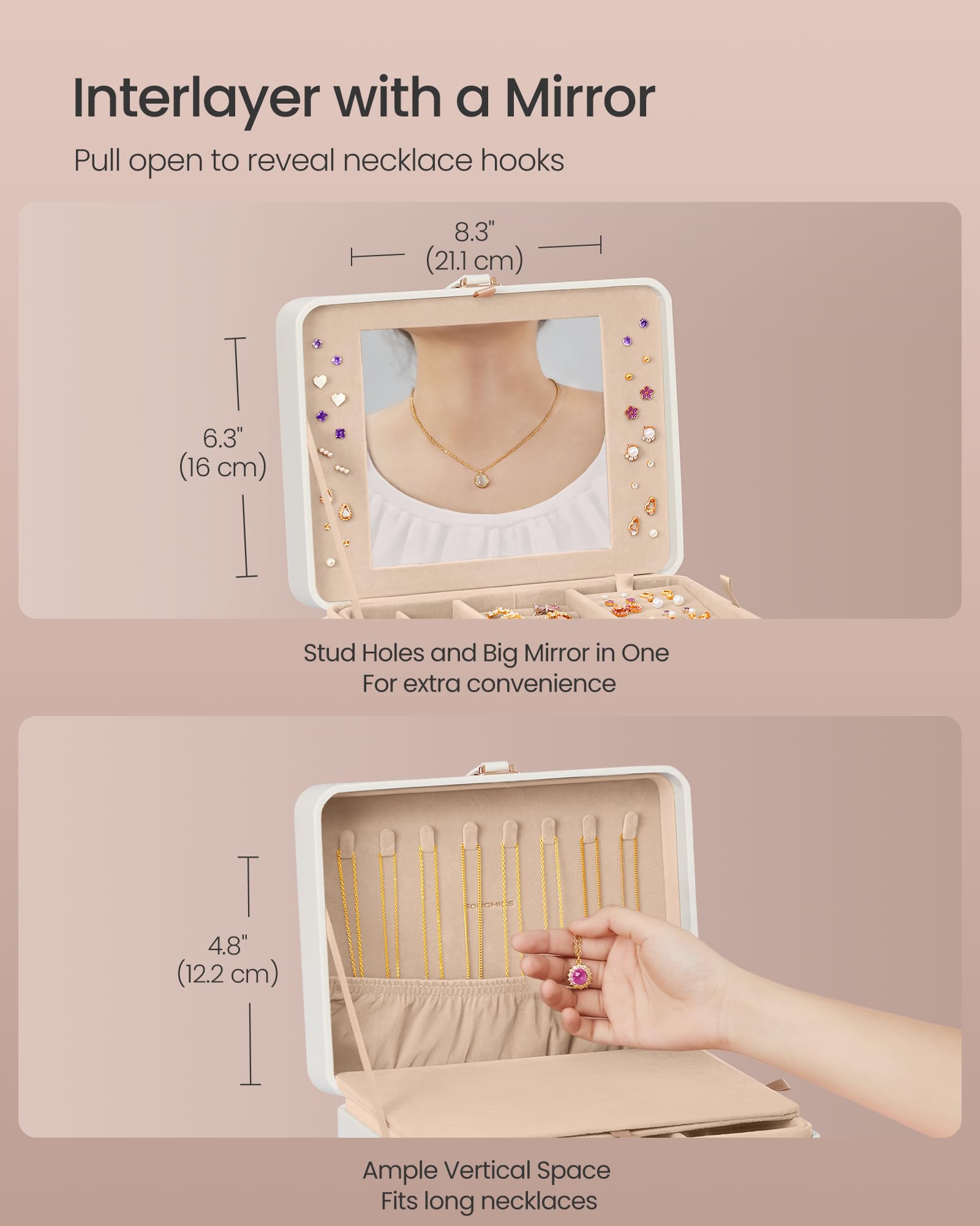 SONGMICS Jewelry Box Organizer with Mirror, 2-Layer Jewelry Holder Case, Removable Tray, 6.9 x 8.7 x 4.3 Inches, Earring Necklace Storage, Gift Idea, Cloud White UJBC200W01