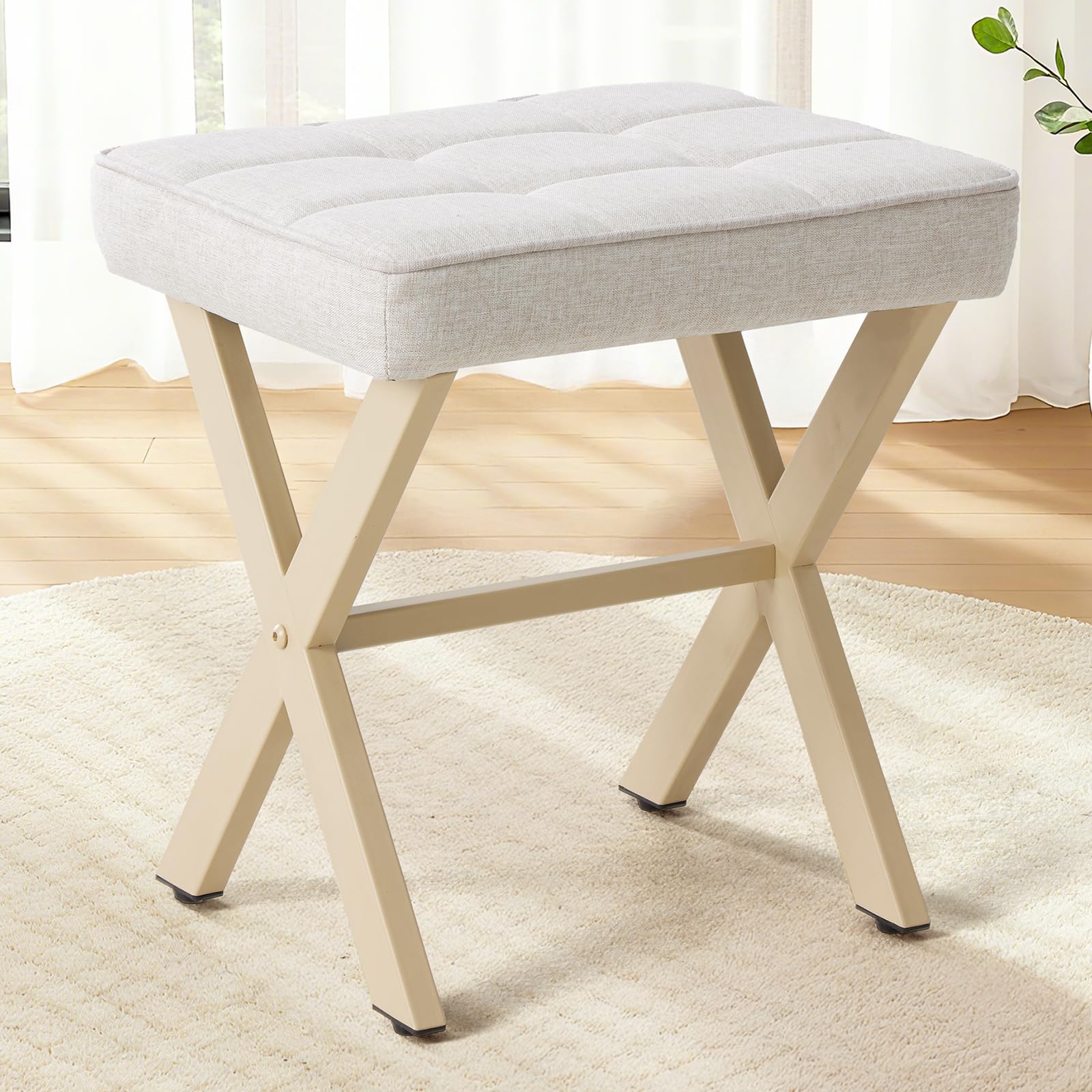Sweetcrispy Vanity Stool Ottoman, Square Linen Makeup Stool Metal X Legs, Small Footstool Chair for Vanity, Modern Padded Seat Foot Rest for Makeup Room, Bathroom,Living Room, Entryway, Beige