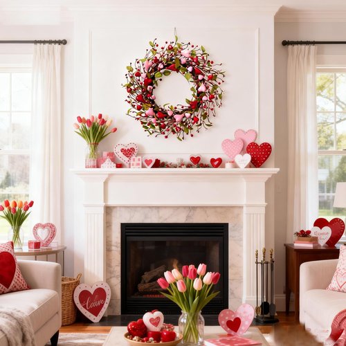 idyllic 22 Inch Valentine Green Leaf Heart-Shaped Berry Wreath, Pink Red Heart Berry Decor for Front Door Mantel Table Window Wall Wedding Porch Indoor Dinner Gift