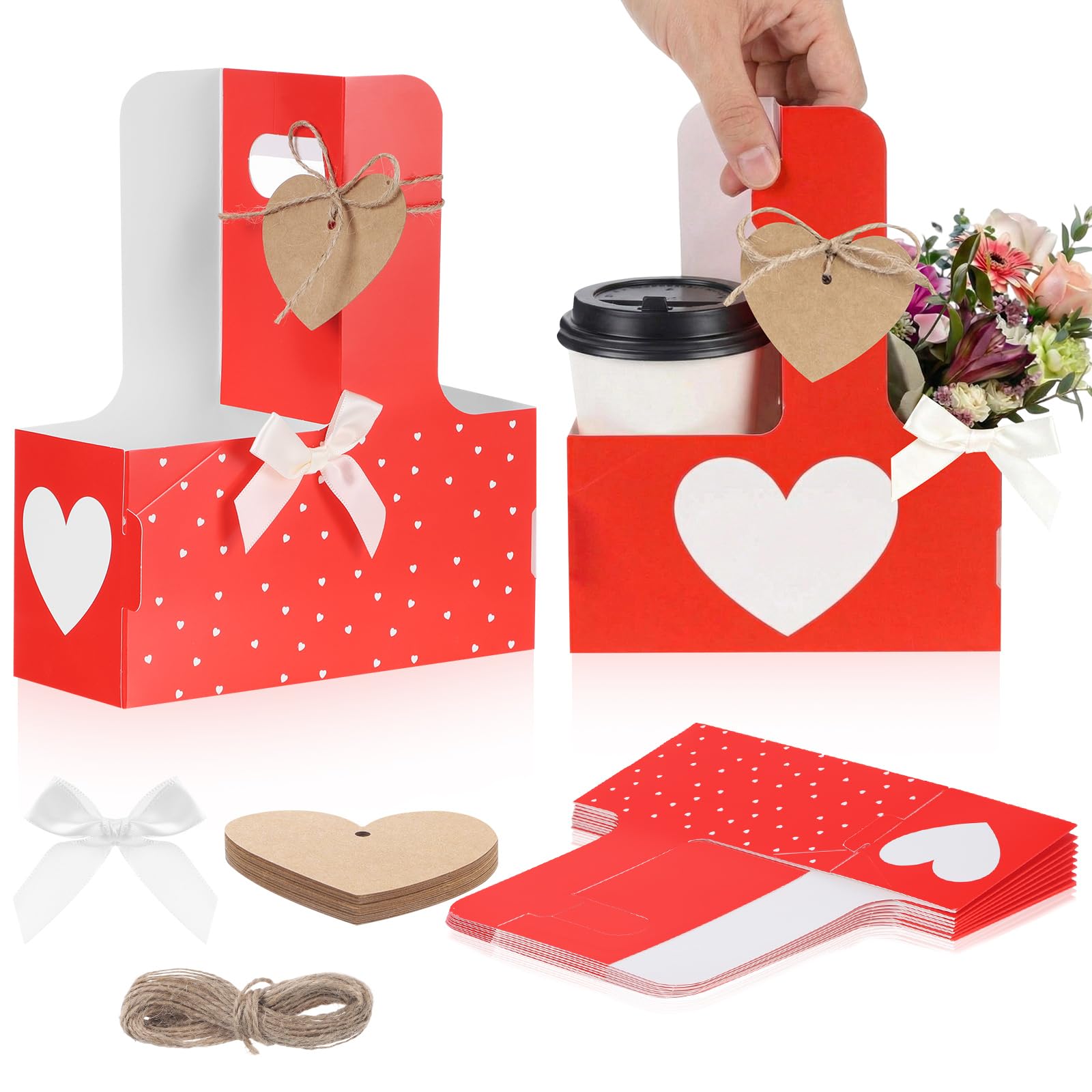 Tinlade 2 Cup Heart Disposable Drink Carrier with Handle Mother's Day Cup Holders Carrier Heart Wrap for Mother Day's Wedding Gift Drinks Coffee Food Delivery(24 Pack,Red)