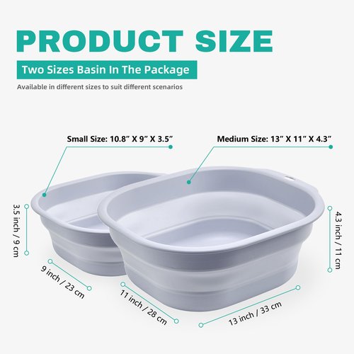 Bellglee 2 Pack Collapsible Wash Basin Set, Foldable Dish Tub, Small Medium Portable Sink for Kitchen, Camping, RV, Baby Bottles, Laundry, Plastic Washbasin -Gray