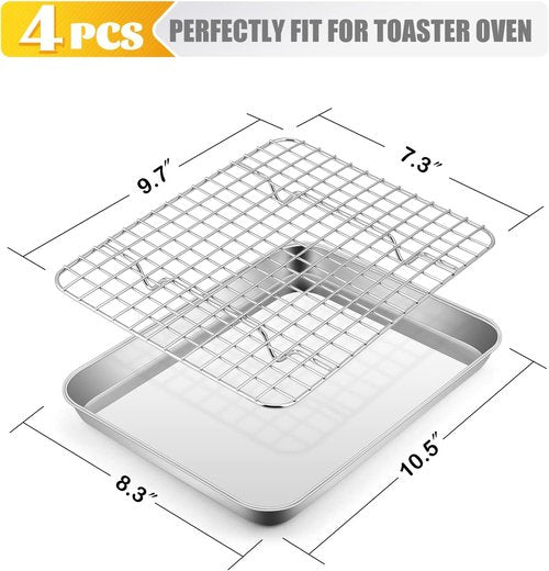 E-far Metal Toaster Oven Tray Set - 10.5”x8.3” Baking Sheet with Stainless Steel Rack for Cooking & Baking