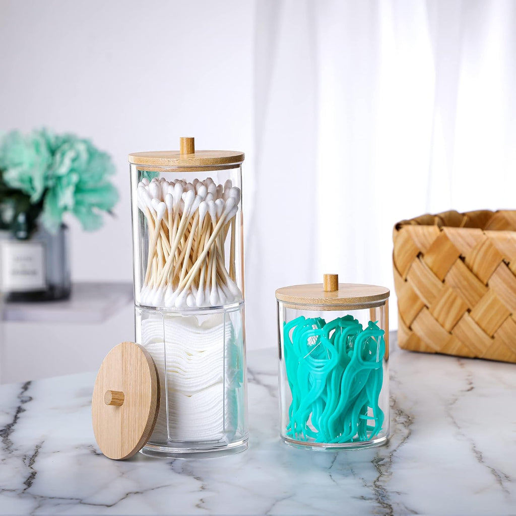 Skiennix Qtip Holder Set - 3 Pcs Clear Acrylic Dispensers with Bamboo Lid for Bathroom Storage
