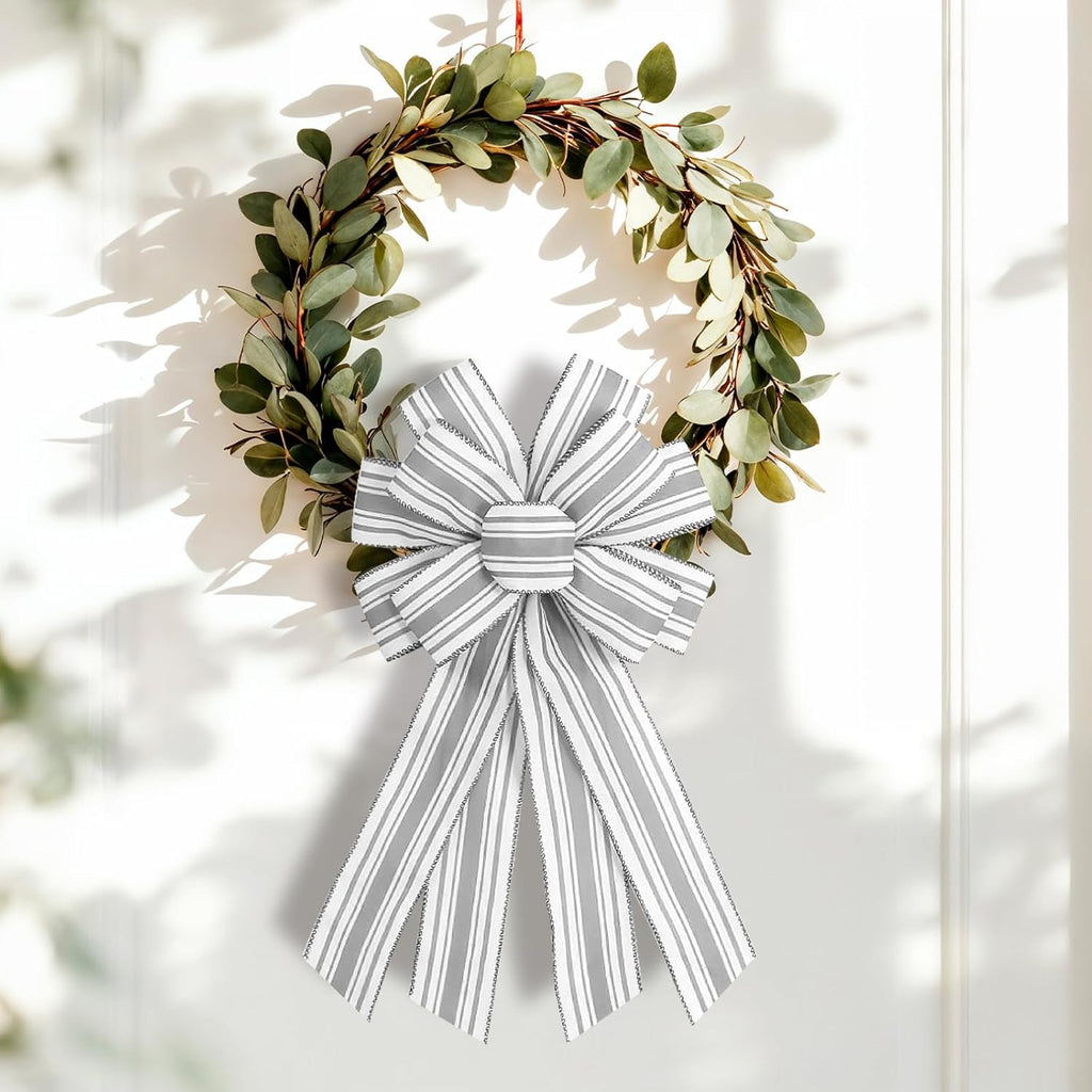 Regine Switzerland Grey & White Stripes Wreath Bow - Elegant Birthday & Anniversary Decor | Farmhouse Style