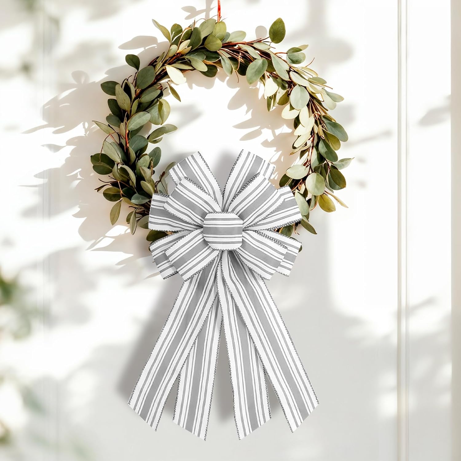 Regine Switzerland Grey & White Stripes Wreath Bow - Elegant Birthday & Anniversary Decor | Farmhouse Style