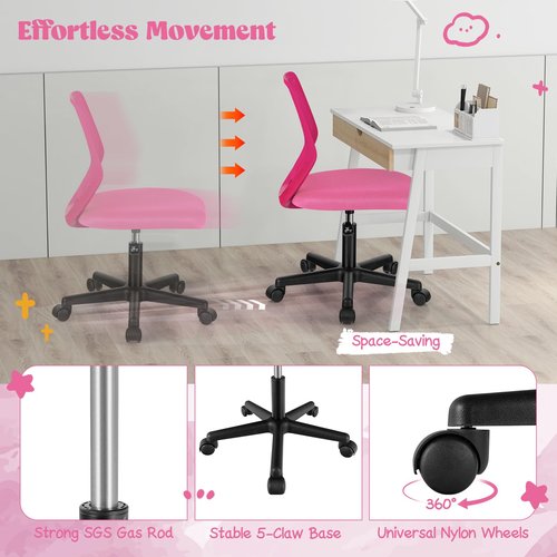 Giantex Kids Desk Chair, Armless Kids Computer Chair with Lumbar Support, Mesh Adjustable Swivel Study Chair with Wheels, Small Office Chair for Girls Boys Teen in Bedroom School (Pink)