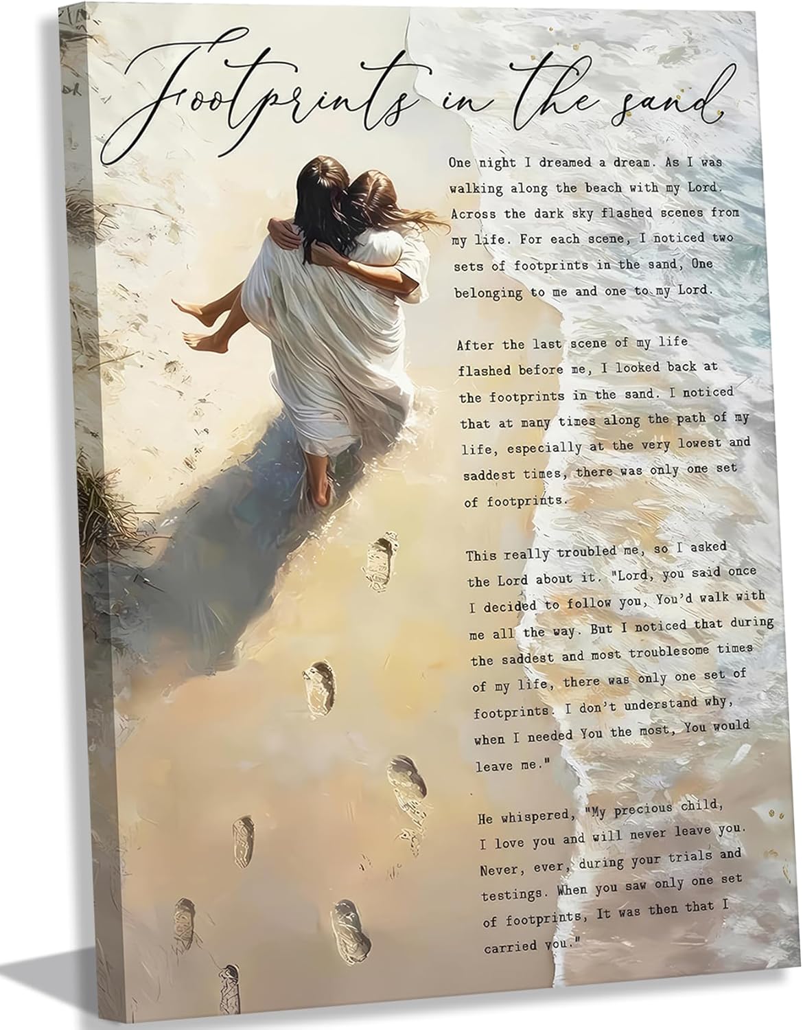 Regine Switzerland Footprints in the Sand Canvas Wall Art - Inspirational Jesus & Woman Beach Scene | 12x16in Framed Decor