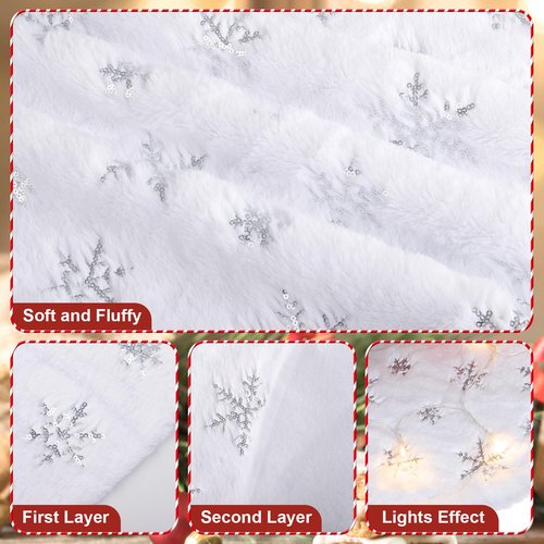 48 Inches Christmas Tree Skirt, Snowy Faux Fur White Tree Skirts with Silver Sequin Snowflakes for Xmas Tree Home Holiday Party Indoor Christmas Decorations with String Lights