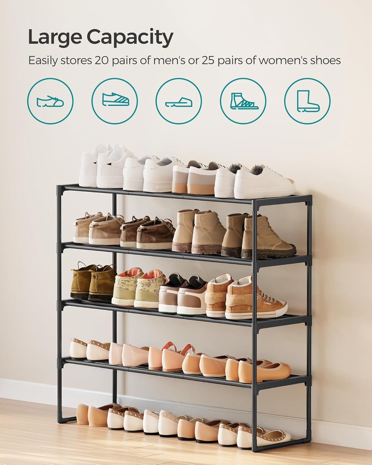 SONGMICS 4-Tier Shoe Rack - Stackable Metal Organizer for 20-25 Pairs | Black, 11.8 x 36.2 x 29.1 Inches
