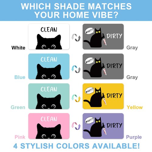 Funny Black Cat Cartoon Clean Dirty Dishwasher Magnet, Washing Machine Magnets Flip, Cute Cat Refrigerator Clean Dirty Sign, Double Sided Reversible Non Scratch Dish Washer Magnet Sign (Green&Yellow)