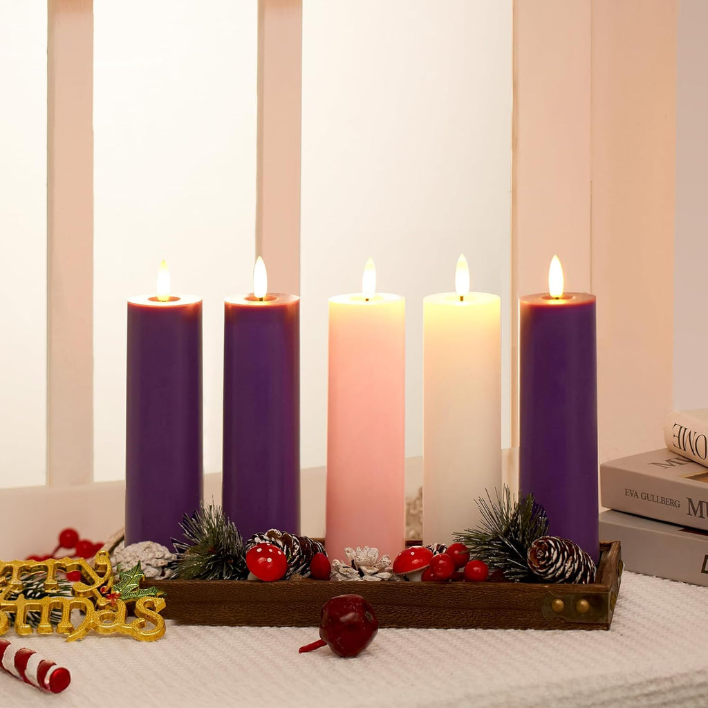 Stmarry Advent Candles Set - Battery Operated Flameless Pillar Candles with Remote & Timer | 2x7 Pink & Purple