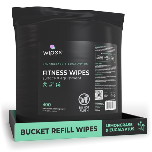 Wipex Fitness Wipes Bucket Refill Roll - Plant-based Fitness Equipment Wipes, Lemongrass, Eucalyptus & Vinegar to Clean Surfaces, Yoga Mat & Gym Cleaner and Peloton Bikes, 400 Count (Pack of 1)