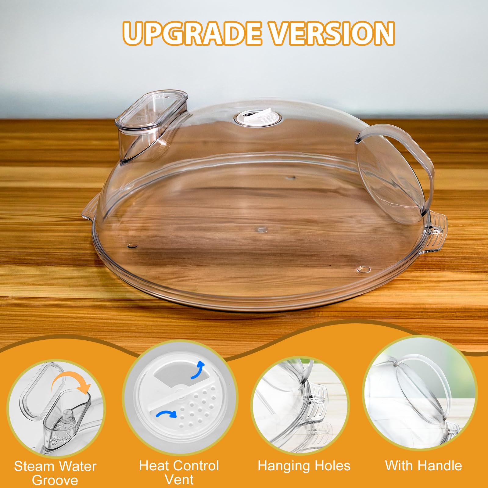 WENWELL Microwave Splatter Cover for Food with Water Steamer 12 inch Clear Kitchen Integrated Handle Splatter Guard Plate Covers Microwave Lid BPA-Free, Clear Safe Plastic