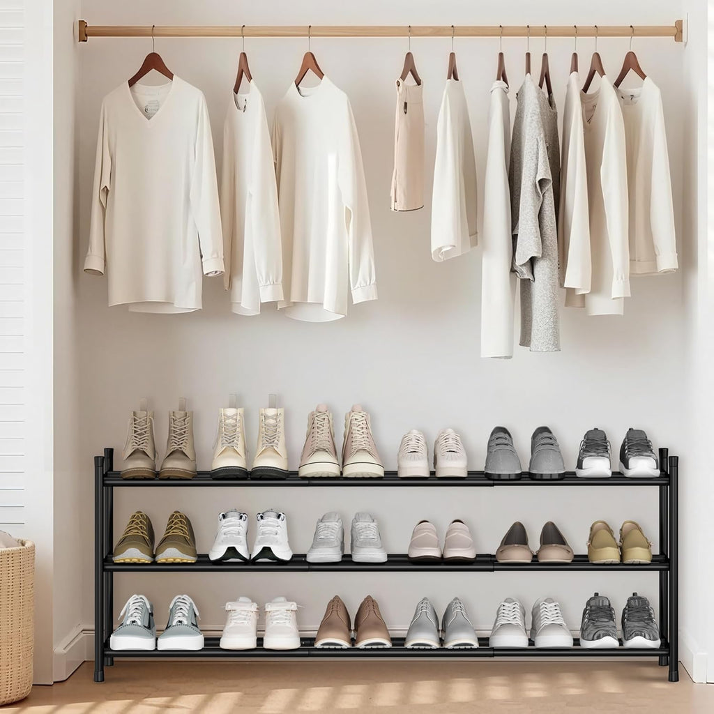 Storage Maniac Expandable Shoe Rack - Adjustable 3-Tier Metal Organizer for 18 Pairs | Freestanding Design for Closet & Entryway