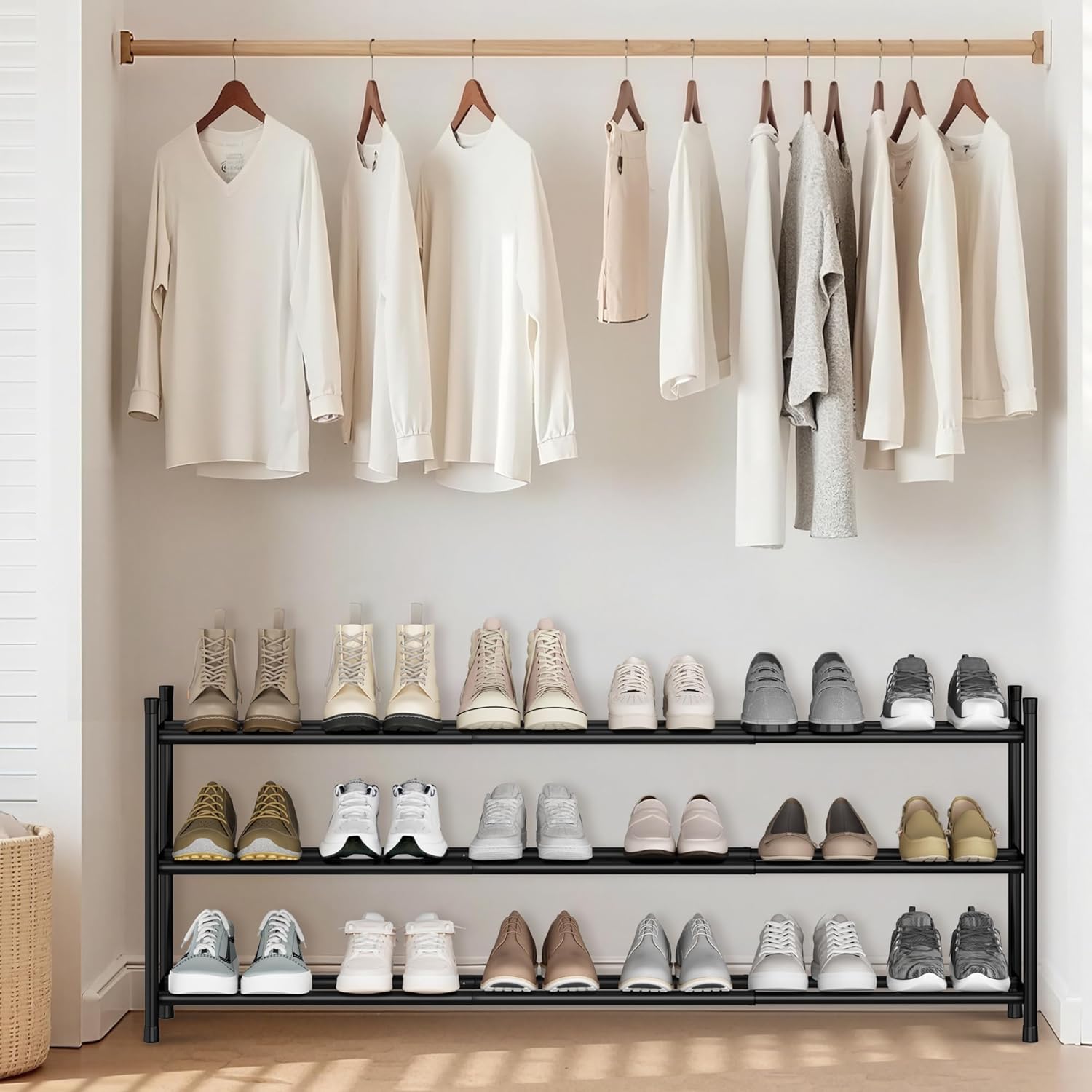 Storage Maniac Expandable Shoe Rack - Adjustable 3-Tier Metal Organizer for 18 Pairs | Freestanding Design for Closet & Entryway