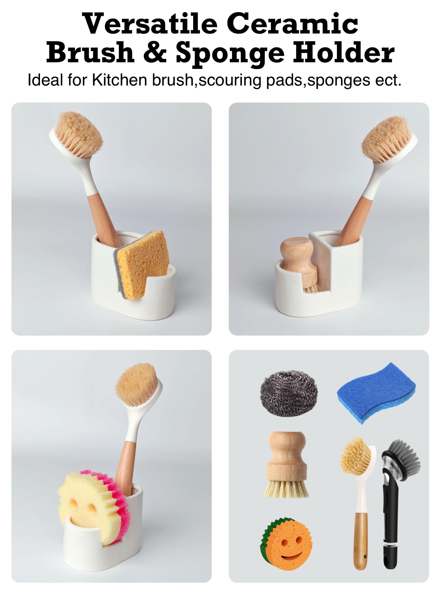 Ceramic Sponge Holder for Kitchen Sink, 2-in-1 Sponge & Brush Organizer, Compact Countertop Sink Caddy with Raised Edge to Catch Drips, Keeps Countertops Dry, Dishwasher Safe, Rustproof, White