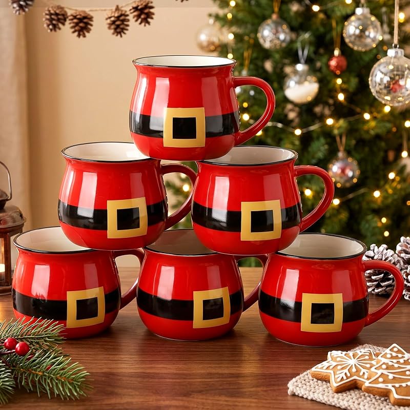 Vesici 6 Pcs Red Santa Christmas Ceramic Mugs – Bulk Coffee Cups, Santa Variation
