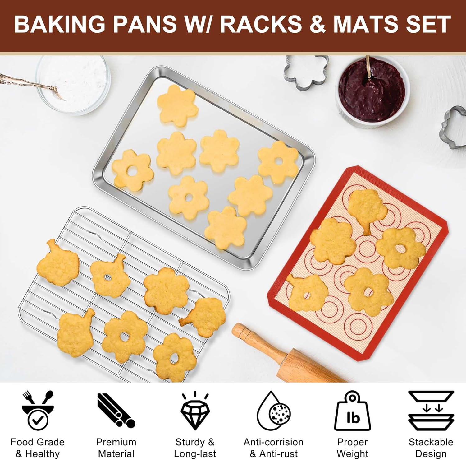 TeamFar Stainless Steel Toaster Oven Tray Set - 9.3 Inch Baking Sheets with Cooling Racks & Silicone Mats, Non-Toxic, Easy Clean