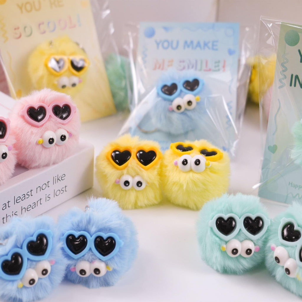 QYESQ Valentines Day Gifts for Kids - 24 Pack Cute Plush Toys Keychains, Valentines Day Cards for Kids Boys Girls Toddlers School Classroom Friends Exchange Party Favors