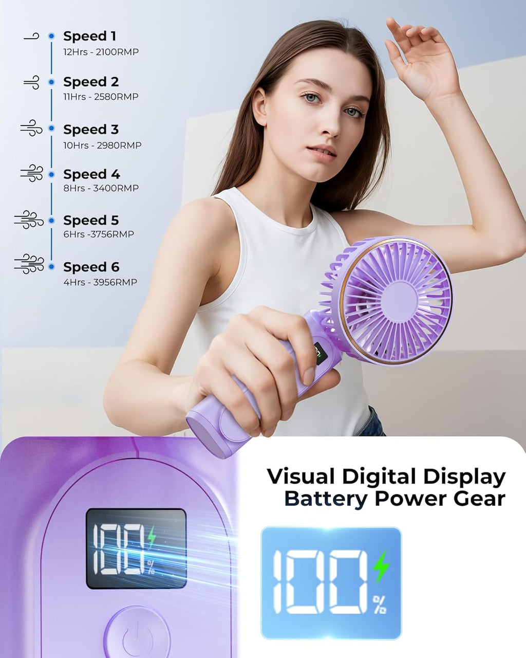 TUNISE Portable Handheld Fan - 4000mAh Battery, 6-Speed Adjustable Wind, USB Rechargeable, Foldable Design