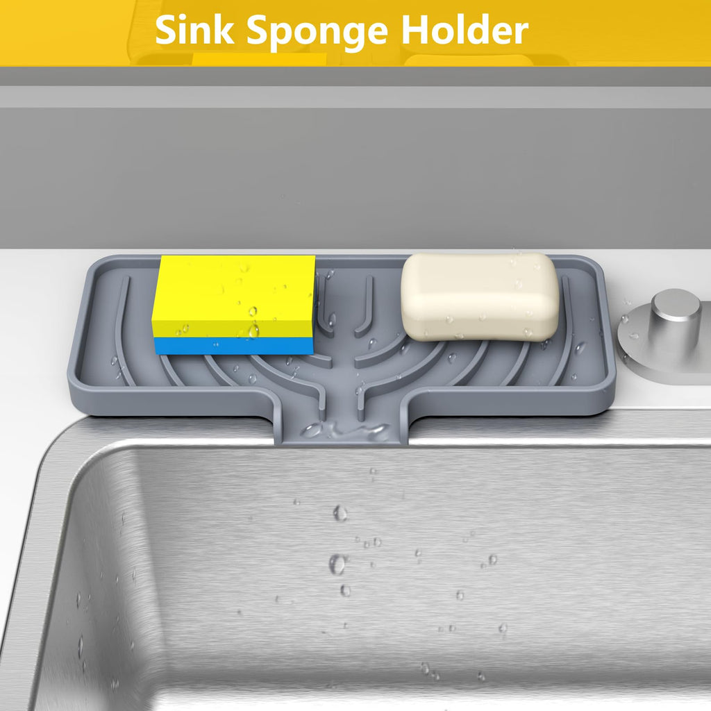 JOOKKI Sponge Holder for Kitchen Sink, Soap Tray for Sink & Counter, 9.8"×4.9" Soap Dish Mat, Silicone with Drain, Perfect for Kitchen, Scrubber, Bottle, Cup (Gray)