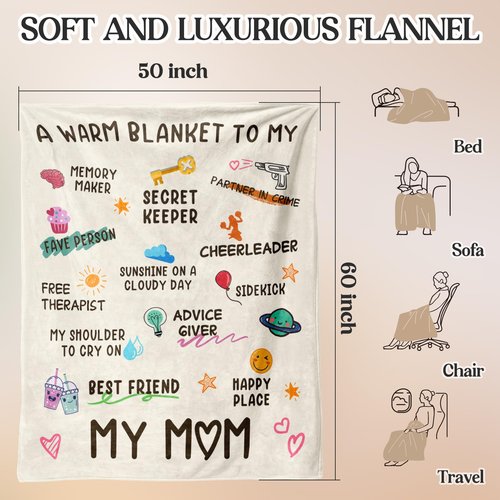 Hudiegify Valentines Day Gifts for Mom, Birthday Gifts for Moms, Mom's Birthday, Christmas Valentines Mothers Day Ideas Gifts for Mother-A Warm Blanket to - My MOM Blanket White 60" X 50"