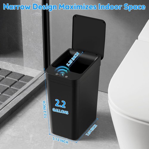 KOEYLE Touchless Bathroom Trash Can - 2 Pack 2.2 Gallon Slim Motion Sensor Bins | Waterproof Black