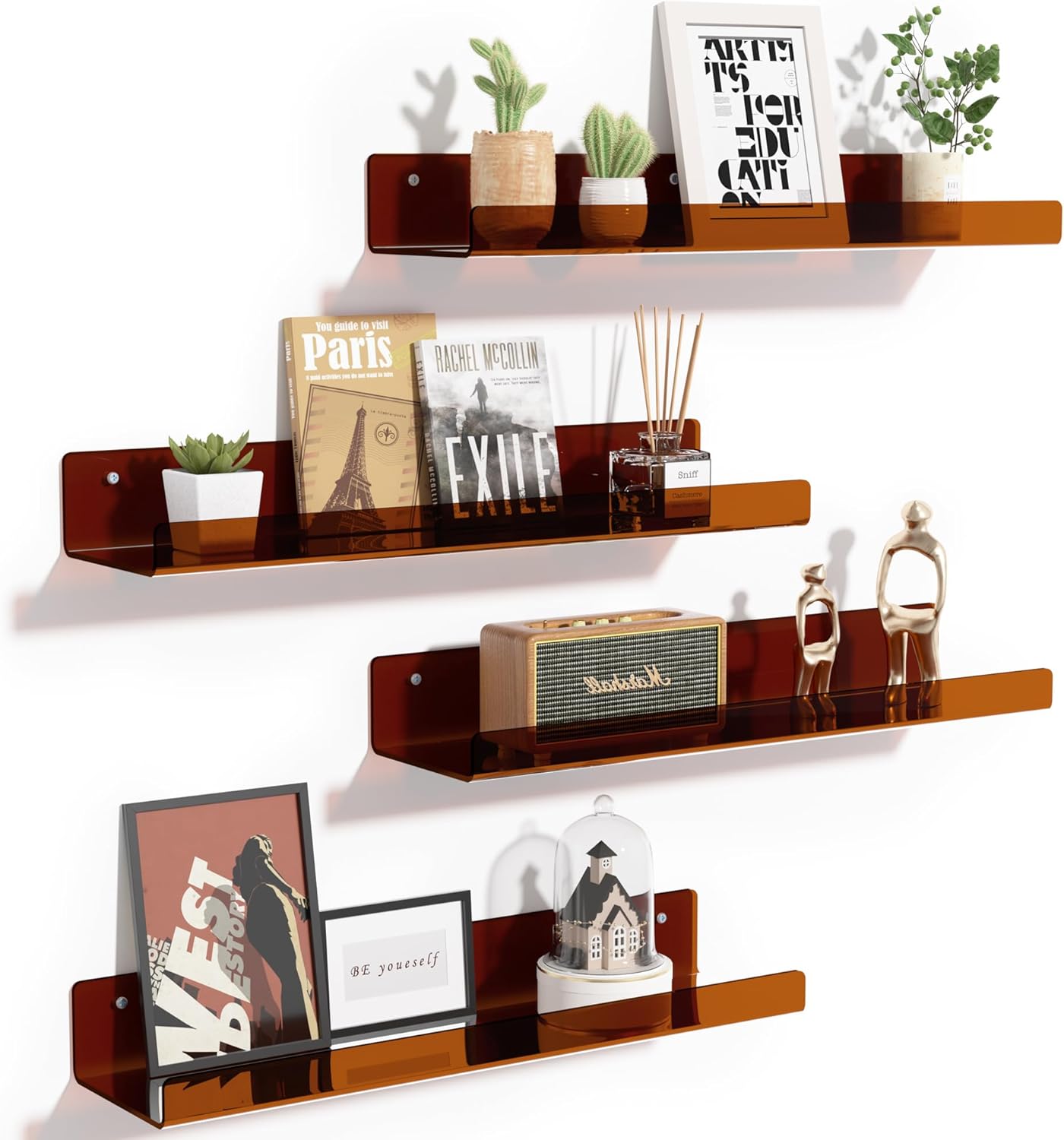 Upsimples Acrylic Wall Shelves - 15" Floating Display Shelf & Perfume Organizer | Clear Brown, 4 Pack